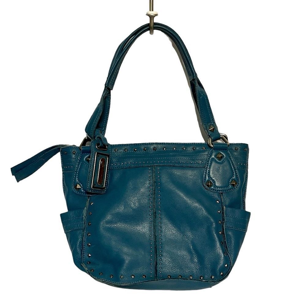 B Makowsky Teal Blue Leather Shoulder Bag w/ Studs + Leopard